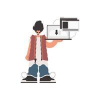 The person is holding a tablet in which information is being synchronized. Compelled. Trendy style, Vector Illustration