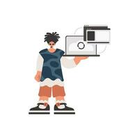 The individual is holding a tablet in which data is being synchronized. Compelled. Trendy style, Vector Illustration