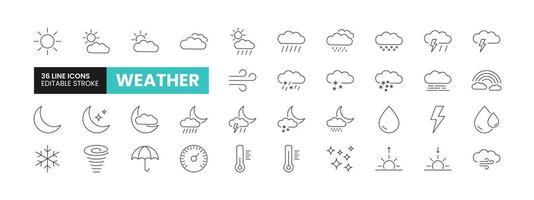 Set of 36 Weather line icons set. Weather outline icons with editable stroke collection. Includes Sunny Weather, Rainy, Storm, Snow, Humidity, and More. vector