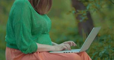 Pregnant woman working with laptop outdoor video