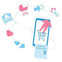 Shopping online in the mobile application. Children's things and toys vector