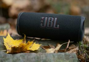 LVIV, UKRAINE - OCTOBER 12, 2022 JBL Flip 6 Black, portable bluetooth speaker outdoors. photo