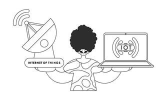 A woman holding a laptop and a satellite dish vector