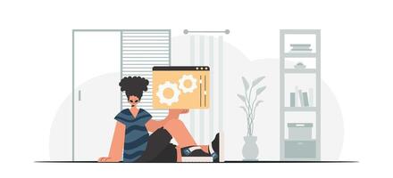 A man sitting on the floor holding a laptop vector