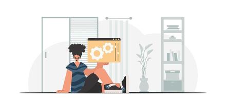 The person is holding a browser window with gears. SEO and web analyzing subject. Trendy style, Vector Illustration