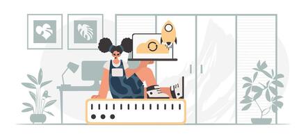 Synchronization and security of information capacity concept. The energized lady is holding a information cloud and a server. Trendy style, Vector Illustration