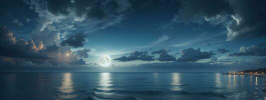 romántico y escénico panorama con lleno Luna en mar a noche. ai generado foto