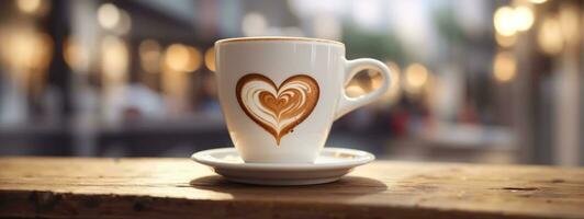 Close up white coffee cup with heart shape latte art on wood tab. AI generated photo