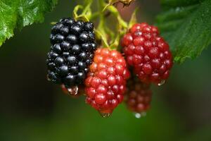 delicious and juicy blackberry fruits on a bush in the garden photo