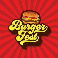 Burger Fest groovy typography editable text with a cheeseburger on retro background. Fast Food template, banner, poster for restaurant. vector