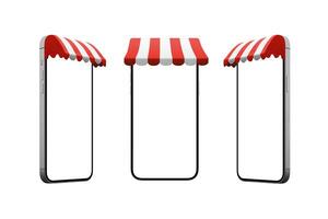 Phone with shop awning in three positions. Isoalted display and background for mockup, shopping app promotion photo