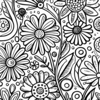 Abstract Black And White Monochromatic Hand-drawn Flowers Texture Pattern Doodle Vector Illustration