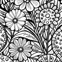 Abstract Black And White Monochromatic Hand-drawn Flowers Texture Pattern Doodle Vector Illustration