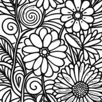 Abstract Black And White Monochromatic Hand-drawn Flowers Texture Pattern Doodle Vector Illustration