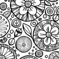 Abstract Black And White Monochromatic Hand-drawn Flowers Texture Pattern Doodle Vector Illustration