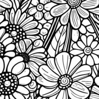 Abstract Black And White Monochromatic Hand-drawn Flowers Texture Pattern Doodle Vector Illustration