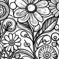 Abstract Black And White Monochromatic Hand-drawn Flowers Texture Pattern Doodle Vector Illustration