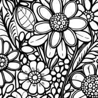 Abstract Black And White Monochromatic Hand-drawn Flowers Texture Pattern Doodle Vector Illustration