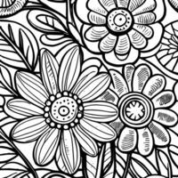 Abstract Black And White Monochromatic Hand-drawn Flowers Texture Pattern Doodle Vector Illustration