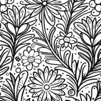 Abstract Black And White Monochromatic Hand-drawn Flowers Texture Pattern Doodle Vector Illustration