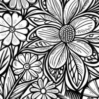 Abstract Black And White Monochromatic Hand-drawn Flowers Texture Pattern Doodle Vector Illustration