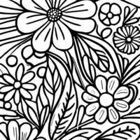 Abstract Black And White Monochromatic Hand-drawn Flowers Texture Pattern Doodle Vector Illustration