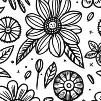 Abstract Black And White Monochromatic Hand-drawn Flowers Texture Pattern Doodle Vector Illustration