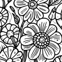 Abstract Black And White Monochromatic Hand-drawn Flowers Texture Pattern Doodle Vector Illustration