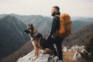 Young man is hiking with his dog in the mountains. Traveling with pets concept. AI generated. photo