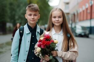 Boy and girl in school backpacks standing on the street and holding flowers. Back to school concept. AI generated. photo