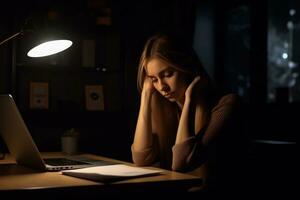 Tired young woman working on a laptop at night. Overtime, overwork, overnight work concept. AI generated. photo