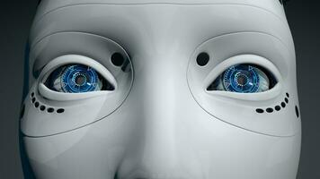 cerca arriba en azul ojos de hembra humanoide robot con brillante blanco el plastico piel. 3d ilustración foto