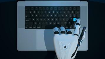 Top view of white human shaped robot hand pressing a key of an aluminum laptop with blue light on reflective blue desk. 3D Illustration photo