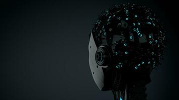 Back view of head of female humanoid robot with white glowing plastic skin, blue eyes and illuminated circuitry in her skull. 3D Illustration photo