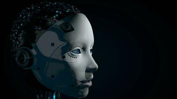 Side view of head of female humanoid robot with white glowing plastic skin, blue eyes and illuminated circuitry in her skull. 3D Illustration photo