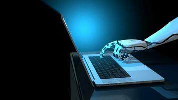 White human shaped robot hand pressing a key of an aluminum laptop with blue light on reflective blue desk. 3D Illustration photo