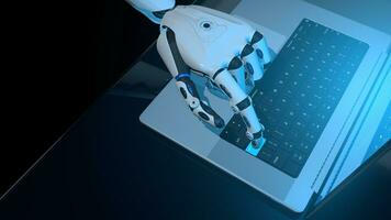 White human shaped robot hand pressing a key of an aluminum laptop with blue screen on reflective blue desk. 3D Illustration photo