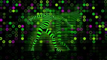 Man in a black costume with green neon light dancing on the stage of a nightclub with a background of green, yellow and magenta light circles. 3D Illustration photo