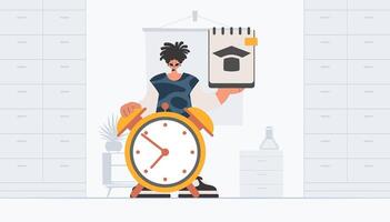 Fellow with unique and caution clock, learning subject. Trendy style, Vector Illustration