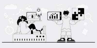 A man and woman are holding up a laptop and a tablet vector