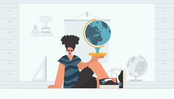 The individual is holding a colossal globe, the subject of learning. Trendy style, Vector Illustration