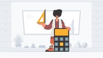 The individual is holding a ruler and a calculator, learning subject. Trendy style, Vector Illustration