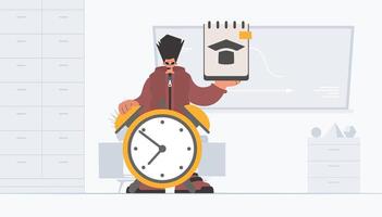 A cartoon man holding a clock and a paper with a note on it vector