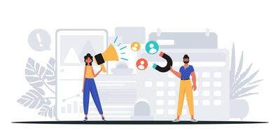 Two people are talking with a phone and a computer vector