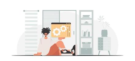 A woman is sitting on the floor holding a laptop vector