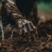 Dead hand coming out from the soil. photo