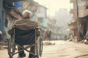 antiguo hombre en un silla de ruedas en el calle en katmandú, Nepal, un antiguo hombre es sentado en un silla de ruedas en un caminar en el ciudad, posterior vista, ai generado foto