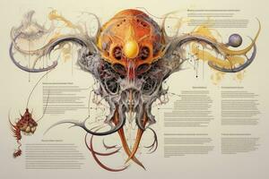 3d illustration of a human skull with some abstract elements in it, Anatomical illustration of the female reproductive, AI Generated photo