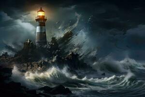 Lighthouse on stormy sea at night. 3D rendering. An isolated iron lighthouse shining light out to sea at night as it sits on a rocky stone island being battered by huge ocean waves, AI Generated photo