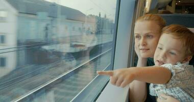 Mother and son traveling across the city by train video